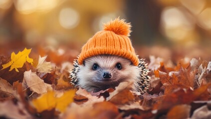 Obraz premium Cute hedgehog wearing an orange knitted hat amidst autumn leaves.