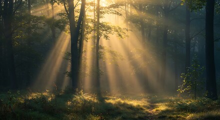 A misty forest in the early morning with golden sunlight filtering through the trees