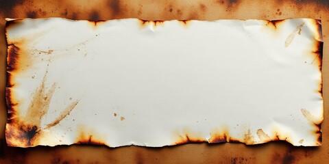 Burnt parchment with irregular edges and dark brown singes on white background, singes, background