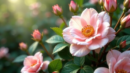 Delicate Pink Blooms Basking in Gentle Sunlight, a Serene Garden Scene of Summer's Soft Radiance