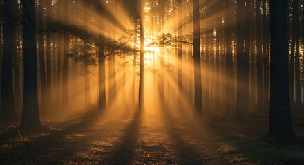 A misty forest in the early morning with golden sunlight filtering through the trees