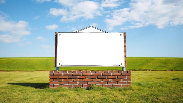 Brick monument sign blank standing in grass field for mockup drawing, sign, architecture