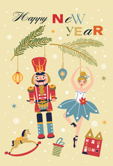 Christmas new year illustration toys ballerina fir nutcracker on light background