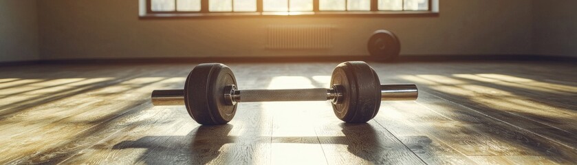 Dumbbell on gym floor, sunlight, workout (1)