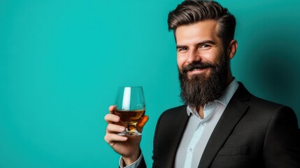 happy man with beard drinking whiskey