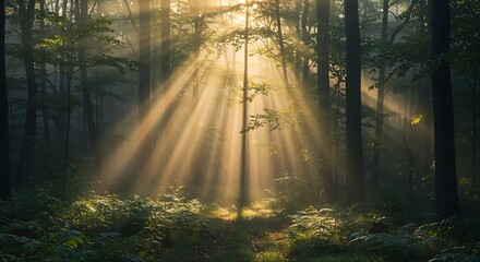 Obraz premium A misty forest in the early morning with golden sunlight filtering through the trees
