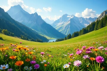 Fototapeta premium Vast alpine meadow, vibrant wildflowers, sunlit peaks, outdoor, royalty-free, image
