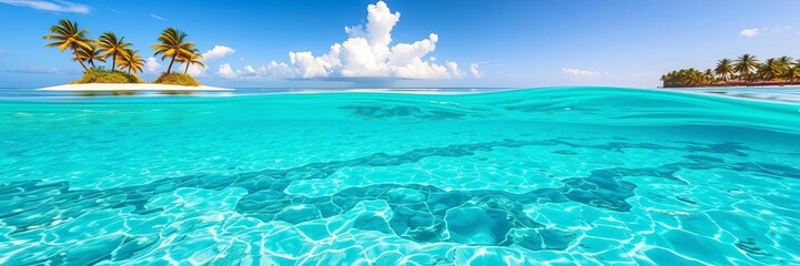 Beautiful tropical beach with palm trees and crystal clear blue water, perfect for a summer vacations postcard, nature, tropical