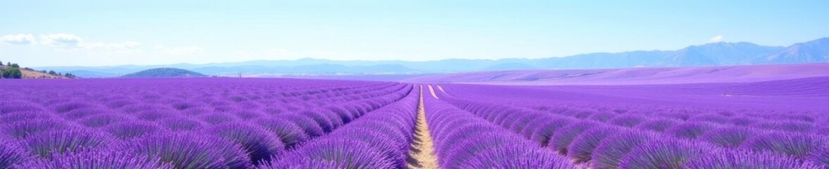 Fototapeta premium Vast lavender expanse under blue sky, Valensole Plateau, plateau, picture