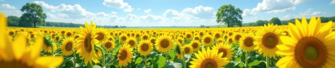 Fototapeta premium Vast sunflower field under summer sky, idyllic countryside scene , nature photography, nature