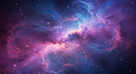 Naklejka premium Cosmic Dance of Nebulae: A breathtaking view of a vibrant, multi-colored nebula in the vast expanse of outer space, showcasing swirling clouds of gas and dust illuminated by distant stars.