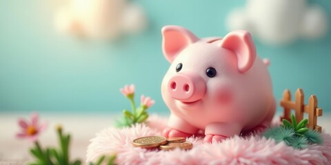 A cheerful piggy bank rests on a fluffy pink surface, surrounded by blossoming flowers and a miniature fence, signifying growth and financial prosperity.