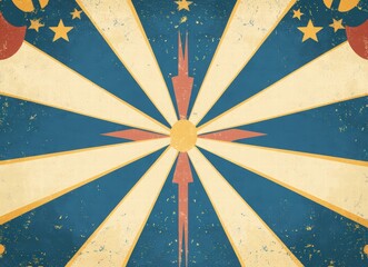 vintage circus background with ornate frame and sunburst rays, retro color scheme in blue, beige, and yellow, vector illustration for posters, flyers, and invitations, carnival background
