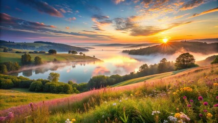 Obraz premium Serene Sunrise Over Misty Lake and Rolling Meadows with Wildflowers in Bloom
