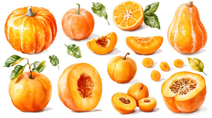 Colorful collection of various orange fruits and vegetables displayed on a white background