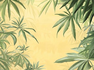 Obraz premium yellow background with a lot fresh cannabis leaves - ai