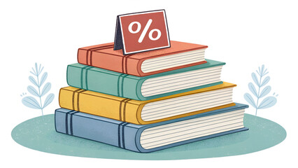  Illustrated stack of books with discount sign for book sale.