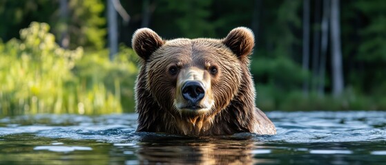 Obraz premium Majestic brown bear swimming in a tranquil lake during daytime, portrait of a powerful animal in its natural habitat, showcasing wildlife and nature