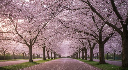 Naklejka premium Aesthetic cherry blossom trees in full bloom with petals floating in the air