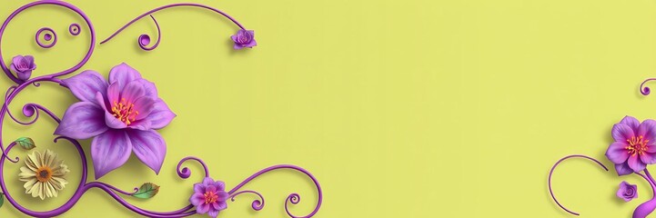 Abstract purple floral swirl 3D botanical frame design with intricate details and vibrant colors, vibrant, colors