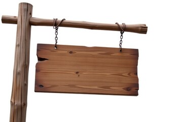 Fototapeta premium Rustic Wooden Sign Hanging from Chain on Wooden Post 
