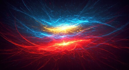 Cosmic Symphony: A captivating abstract image showcases a mesmerizing dance of vibrant blues, reds, and a central golden glow, creating an atmosphere of celestial energy. 