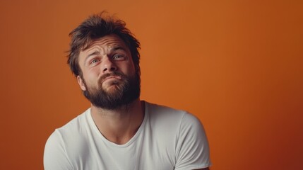 confused man with beard portrait orange background