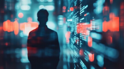 Person walking through data wall city night