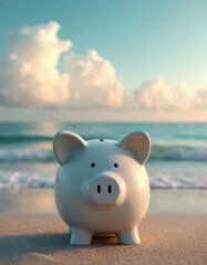 Fototapeta premium White piggy bank stands on sandy beach against turquoise sea and blue sky. Saving money for vacation. Financial planning for travel to tropical island. Summer holidays investment, deposit account.