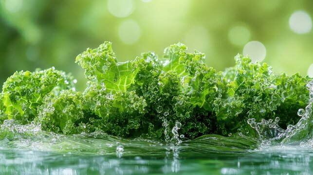 Bright, green kale leaves gently floating in water with water droplets clinging to them, set on a blurred green background for a fresh culinary aesthetic.