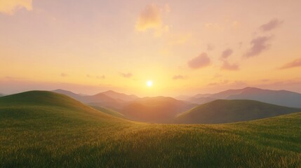 Obraz premium Minimalist landscape featuring rolling hills bathed in golden sunset light Soft warm colors blend in the sky creating a peaceful and serene view High fidelity hyper realistic 8k resolution