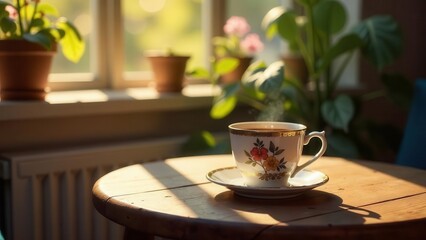 Warm morning sunlight streams through a window, illuminating a floral teacup filled with a steaming beverage, resting on a wooden table amongst potted plants.