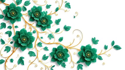 Elegant Teal Flowers Gold Vines White Background Floral Design