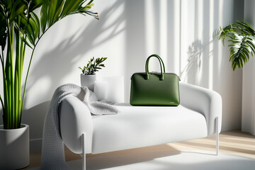 Green leather handbag on a white modern sofa with plants