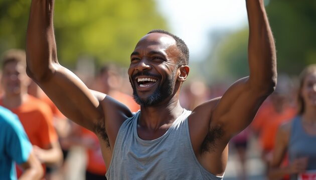 Middle aged African American man triumphs 5k race, arms raised, wearing sportive clothes. Black male runner wins community marathon. Achieving victory, success, healthy active lifestyle. Celebrating