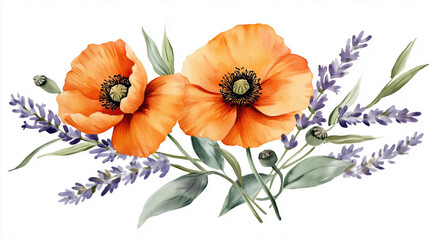 A watercolor bouquet with orange poppies, lavender sprigs, and soft greenery for a lively, colorful arrangement