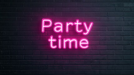 Neon Party Time Sign Design on Dark Brick Background