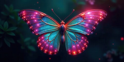 Luminous Lepidoptera An ethereal iridescent butterfly with radiant, glowing wing patterns, set against a deep, verdant backdrop of foliage.