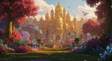 Golden Palace in Bloom: A majestic golden palace, adorned with intricate details and surrounded by vibrant, blossoming trees and enchanting flora, stands as a symbol of fantasy and wonder.