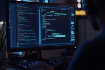Developer intensively debugging complex code on a dark-themed integrated development environment in a dimly lit workspace, showcasing high focus and concentration
