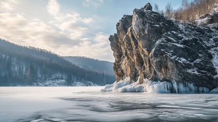A bare rocky outcrop juts out of a frozen lake. Its steep sides are cracked and icy.