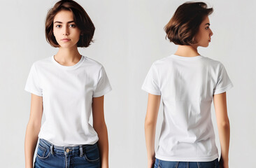 woman wearing white t-shirt mockup front and back