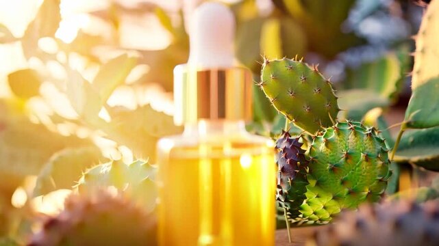 A luxurious glass dropper bottle filled with golden prickly pear seed oil, surrounded by vibrant pink cactus fruits and green cactus pads. The warm sunlight enhances the natural beauty and organic 