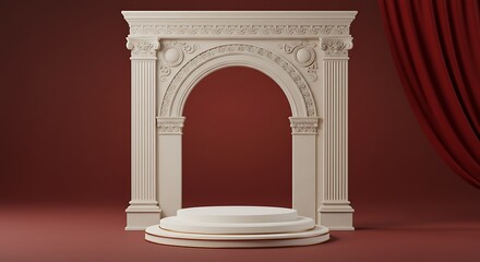 Fototapeta premium classic luxury cosmetic background. podium,arch and red curtain background for product presentation.3d rendering illustration.