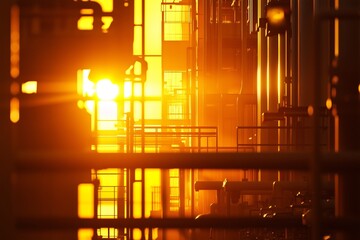 Nuclear power facility illuminated during the golden hour