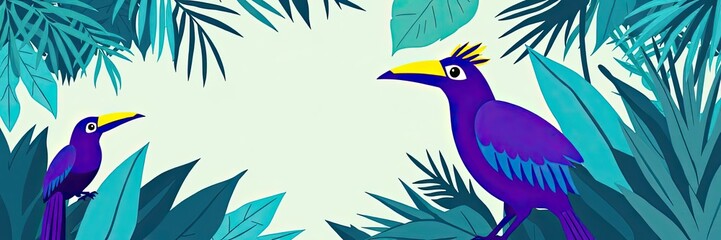 Obraz premium Tropical Birds vibrant foliage exotic birds jungle nature banner illustration toucan teal paradise