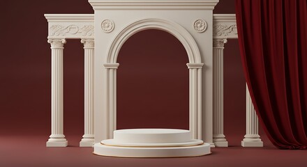 Naklejka premium classic luxury cosmetic background. podium,arch and red curtain background for product presentation.3d rendering illustration.