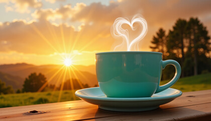 Steaming teal coffee cup at sunrise with heart swirl, love for coffee