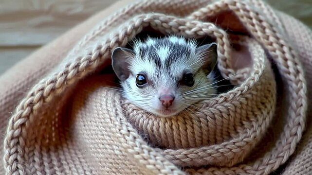 Adorable ferret nestled cozy in knitted blanket showing playful curiosity and charm