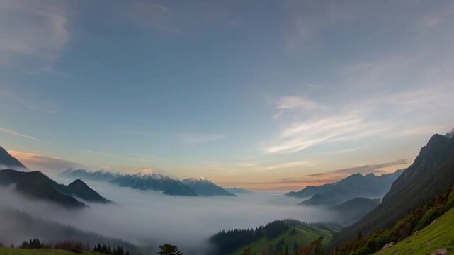 Majestic mountain sunrise with shifting clouds and rolling fog over scenic landscape